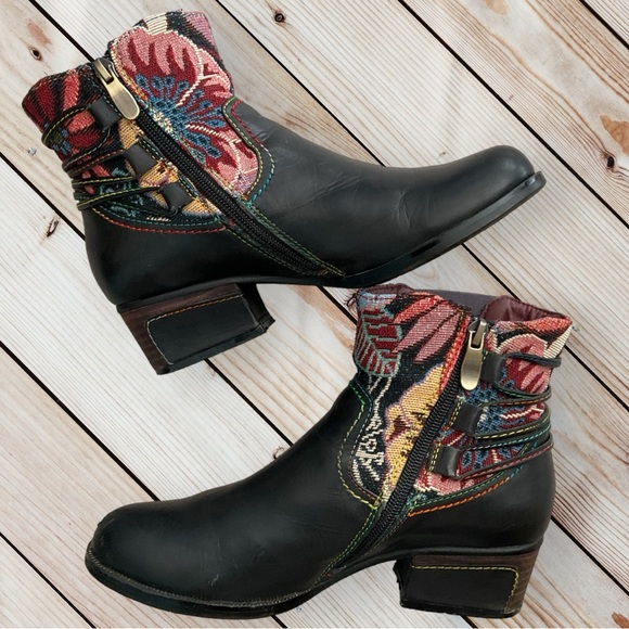 L' Artiste Spring Step Live Leather Tapestry Floral Ankle Bootie Fringe Women - Picture 3 of 15